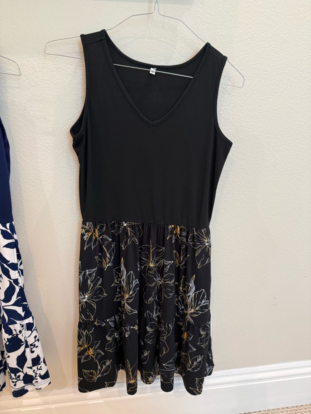 Black Floral V-Neck Midi Dress with Gold Accents